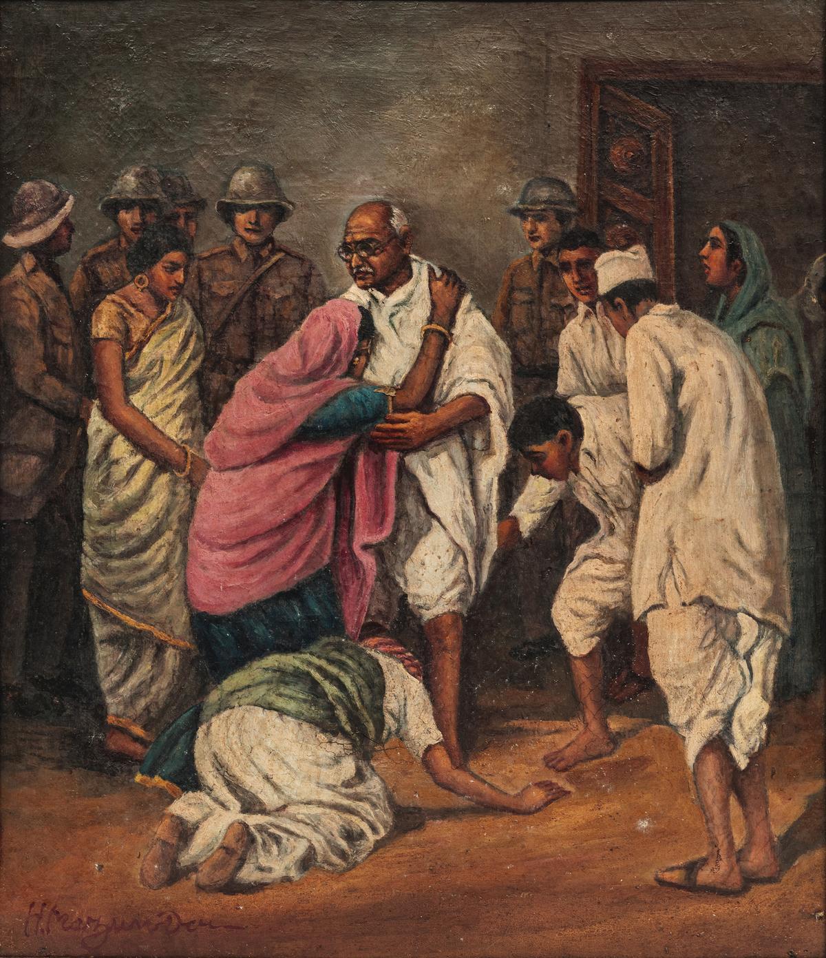 Arrest of Gandhiji at Mani Bhavan in 1932, by Hemendranath Mazumdar.